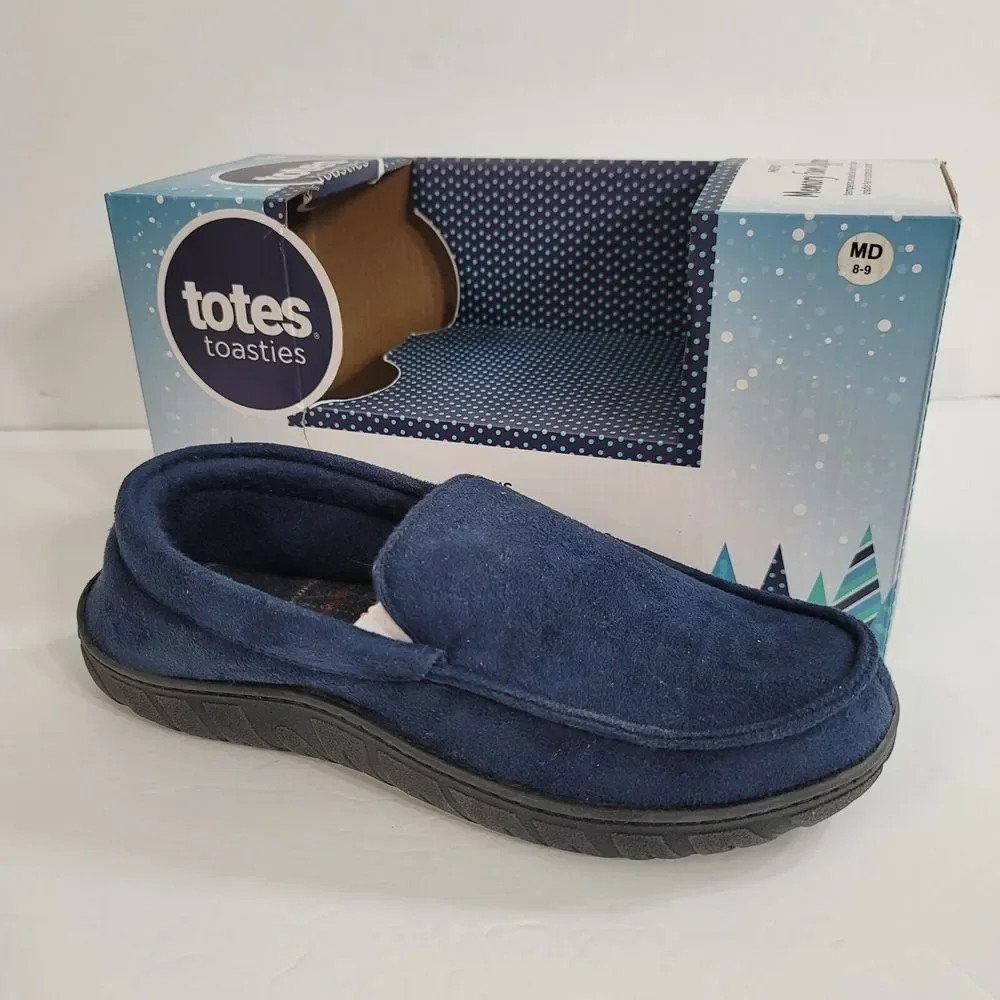 Totes Loafer Slippers Mens Medium 8-9 Faux‎ Suede Slip On Navy Blue $44 NEW